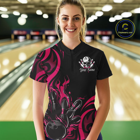 Custom Black And Pink Tribal Flame Bowling Women Shirts, Bowling League Team Jerseys IPHW10737