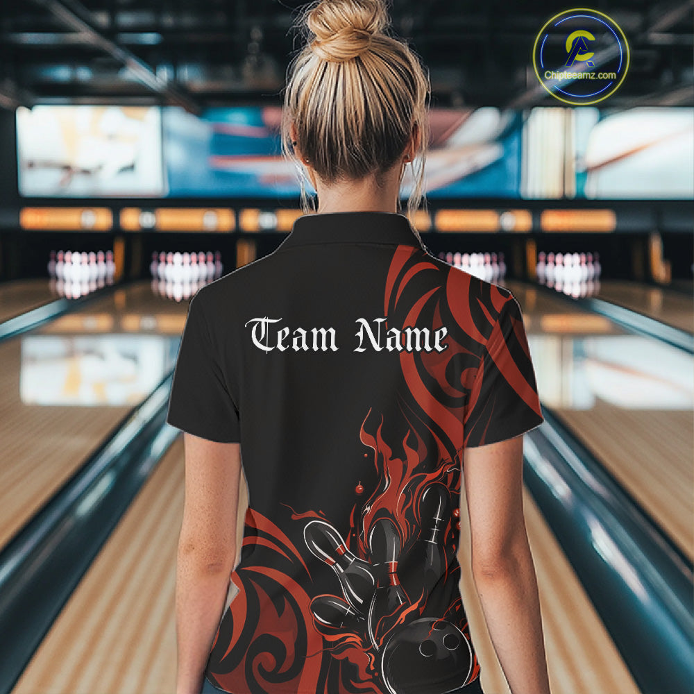 Custom Black And Orange Tribal Flame Bowling Women Shirt, Bowling League Shirt Team Jerseys IPHW10738