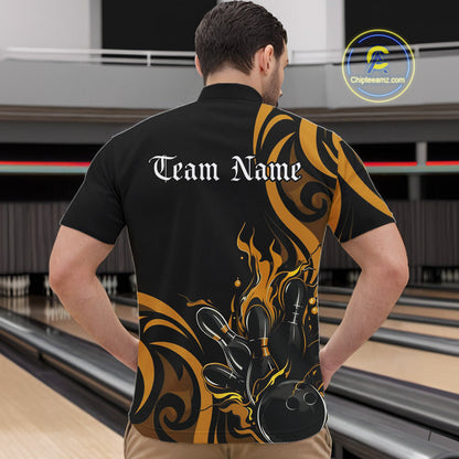 Custom Black And Yellow Tribal Flame Bowling Men Shirt, Bowling League Shirt Team Jerseys IPHW10739