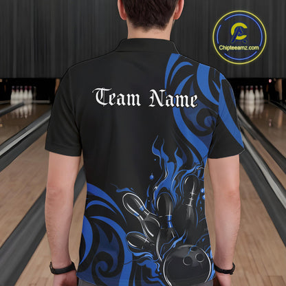 Custom Black And Blue Tribal Flame Bowling Men Shirt, Bowling League Shirt Team Jerseys IPHW10740