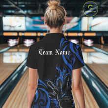 Load image into Gallery viewer, Custom Black And Blue Tribal Flame Bowling Women Shirt, Bowling League Team Jerseys IPHW10740