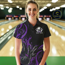 Load image into Gallery viewer, Custom Black And Purple Tribal Flame Bowling Women Shirt, Bowling League Shirt Team Jerseys IPHW10741