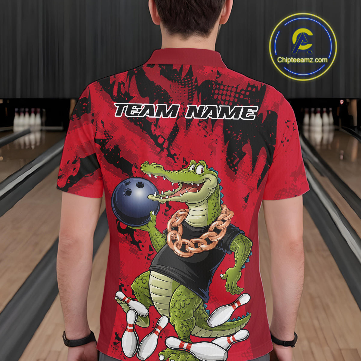 Red Custom Funny Alligator Bowling Men Polo Shirt, Bowling Team Jerseys Bowler Outfit IPHW10772