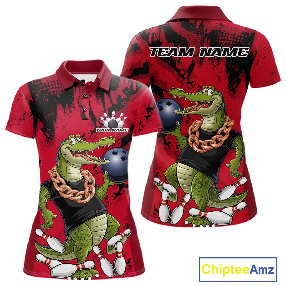 Red Custom Funny Alligator Bowling Women Polo Shirt, Bowling Team Jerseys Bowler Outfit IPHW10772