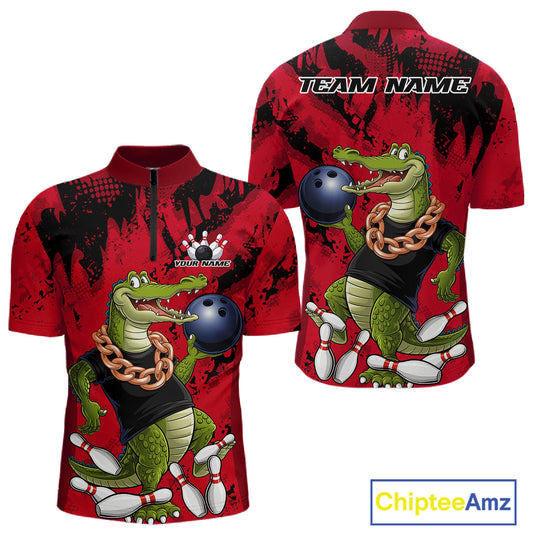 Red Custom Funny Alligator Bowling Men Quarter-Zip Shirt, Bowling Team Jerseys Bowler Outfit IPHW10772