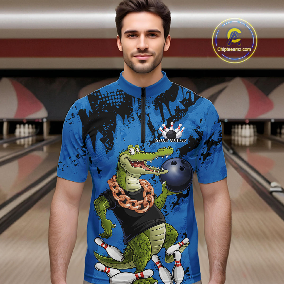 Blue Custom Funny Alligator Bowling Men Quarter-Zip Shirt, Bowling Team Jerseys Bowler Outfit IPHW10773
