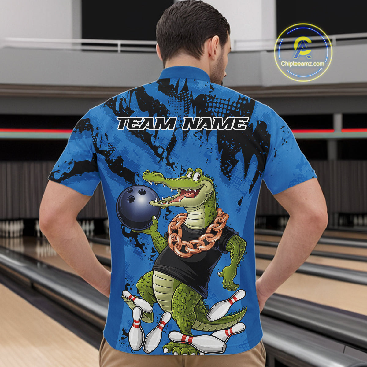 Blue Custom Funny Alligator Bowling Men Quarter-Zip Shirt, Bowling Team Jerseys Bowler Outfit IPHW10773