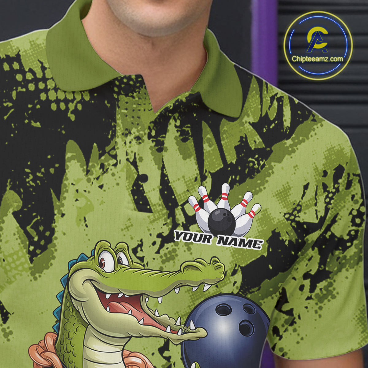 Green Custom Funny Alligator Bowling Men Polo Shirt, Bowling Team Jerseys Bowler Outfit IPHW10774