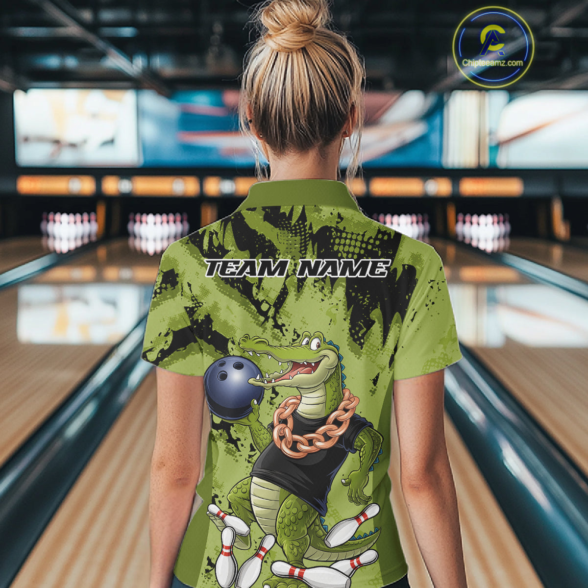 Green Custom Funny Alligator Bowling Women Polo Shirt, Bowling Team Jerseys Bowler Outfit IPHW10774