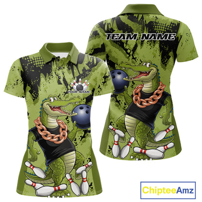 Green Custom Funny Alligator Bowling Women Polo Shirt, Bowling Team Jerseys Bowler Outfit IPHW10774