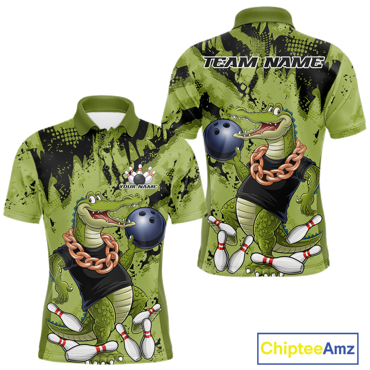 Green Custom Funny Alligator Bowling Men Polo Shirt, Bowling Team Jerseys Bowler Outfit IPHW10774