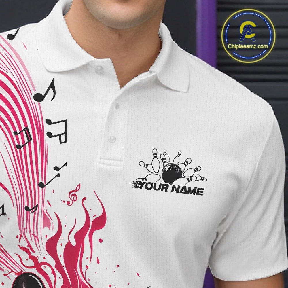 Left chest close-up of a white and pink bowling polo shirt displaying bowling graphics with flowing music note waves.