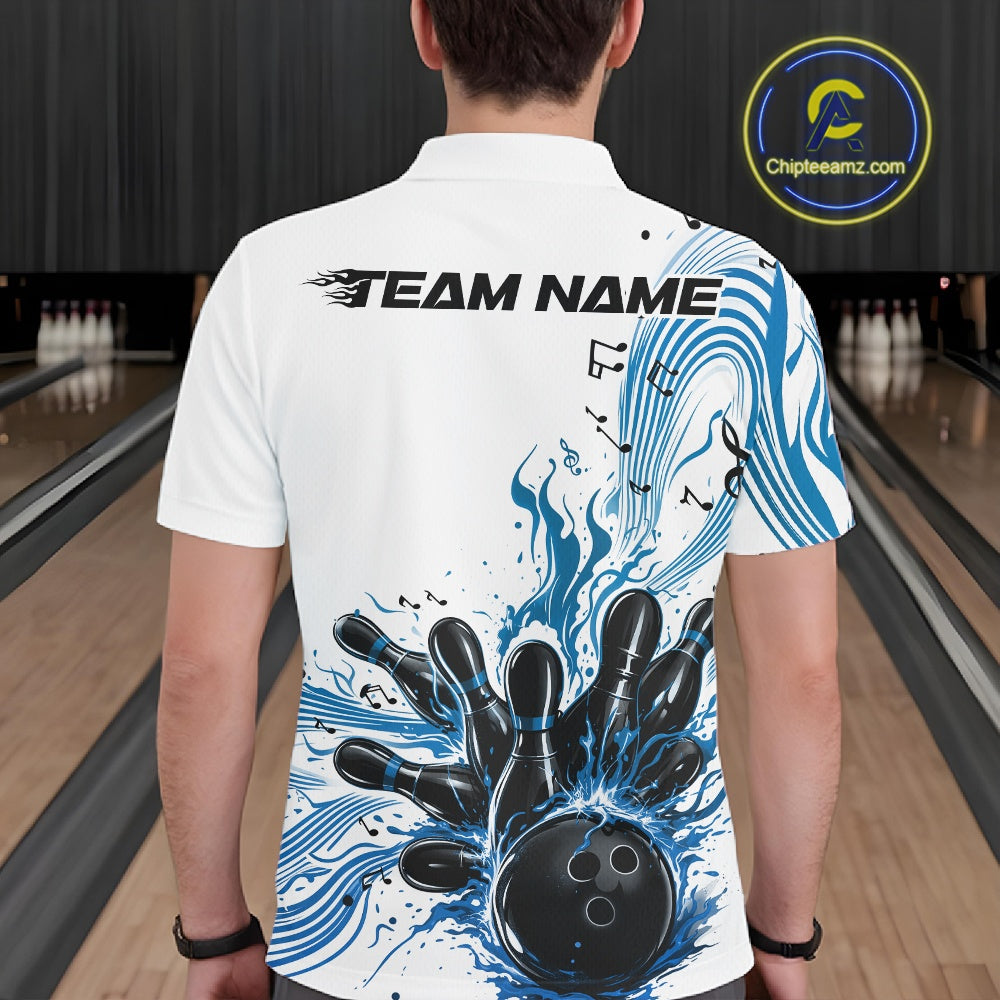 Back view of a male model in a white and blue bowling polo shirt displaying bowling strike artwork with musical wave details.