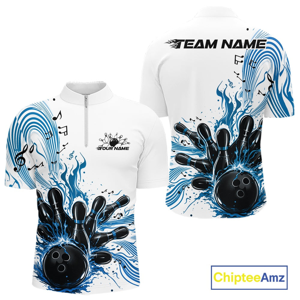 Front and back views of a white and blue mens bowling quarter-zip shirt showcasing a bowling ball striking pins with music note waves.