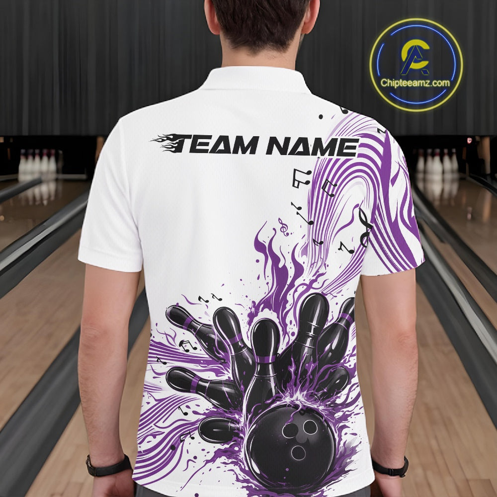 Back view of a male model in a white and purple bowling polo shirt featuring bowling strike artwork with flowing music note waves.