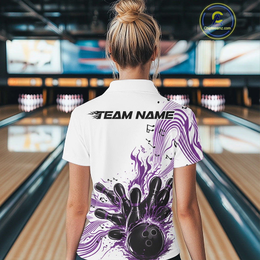 Back view of a female model in a white and purple bowling polo shirt displaying bowling strike graphics and music-themed details.