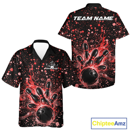 Front and back views of a black button-up bowling shirt displaying flaming bowling ball graphics with red paint splatter accents.