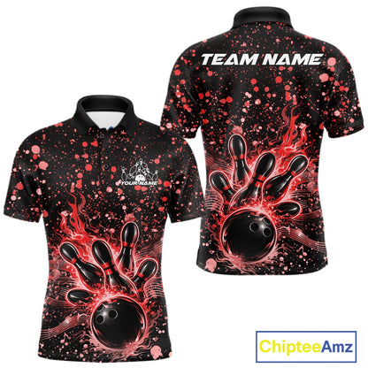 Front and back views of a black mens bowling polo shirt featuring flaming bowling artwork with red paint splatter details.