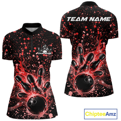Front and back views of a black womens bowling quarter-zip shirt featuring flaming bowling artwork and red paint splatter details.