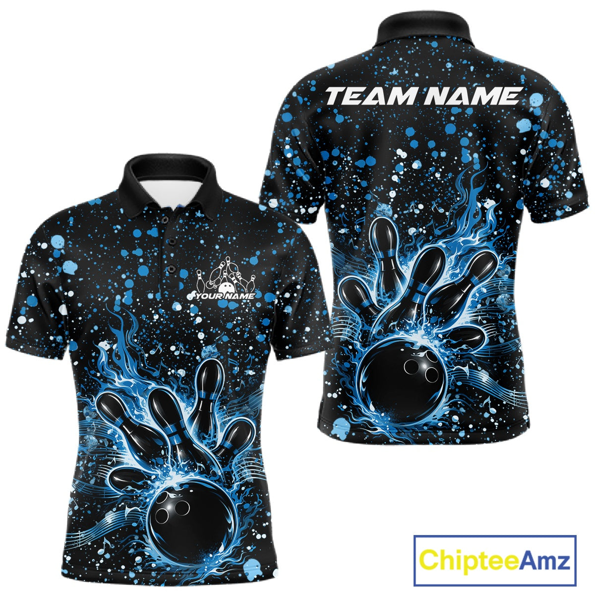 Front and back views of a black mens bowling polo shirt showcasing a flaming bowling ball striking pins with blue paint splatter artwork.
