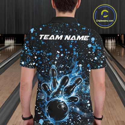 Back view of a male model in a black bowling polo shirt featuring blue paint splatter bowling artwork.