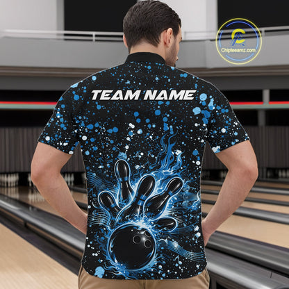 Front view of a male model in a black bowling quarter-zip shirt featuring blue paint splatter bowling strike graphics.