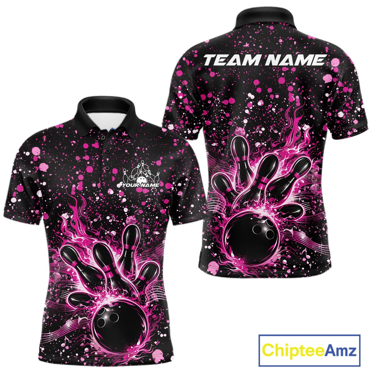 Front and back views of a black mens bowling polo shirt featuring a flaming bowling ball striking pins with pink paint splatter artwork.
