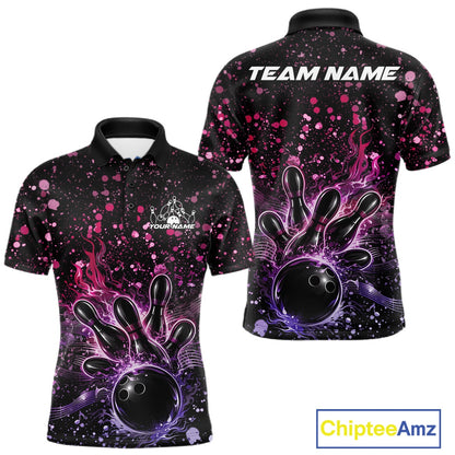 Front and back views of a black mens bowling polo shirt featuring a flaming bowling ball, pink and purple paint splatter accents, and music-inspired graphics.