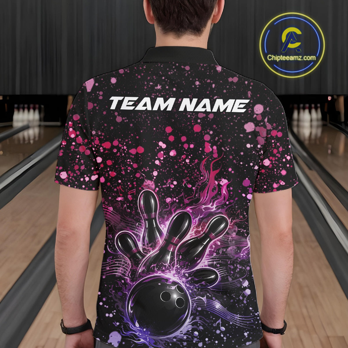 Back view of a male model in a black bowling polo shirt showcasing flaming bowling strike graphics and music-themed accents.