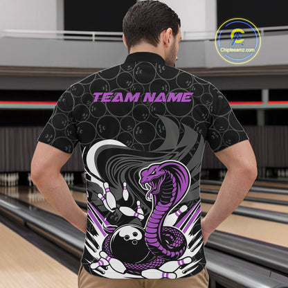 Custom Black And Purple Cobra Snake Bowling Quarter-Zip Shirts For Men, Cobra Bowling Team Shirt IPHW9700