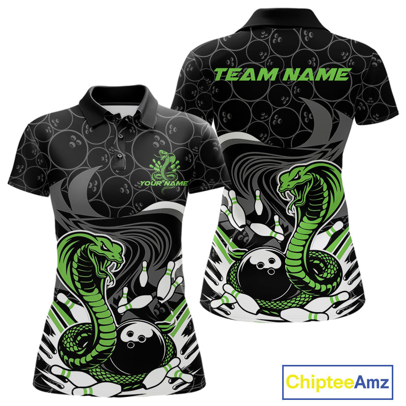 Custom Black And Green Cobra Snake Bowling Women Polo Shirts, Cobra Bowling Team Shirt IPHW9701