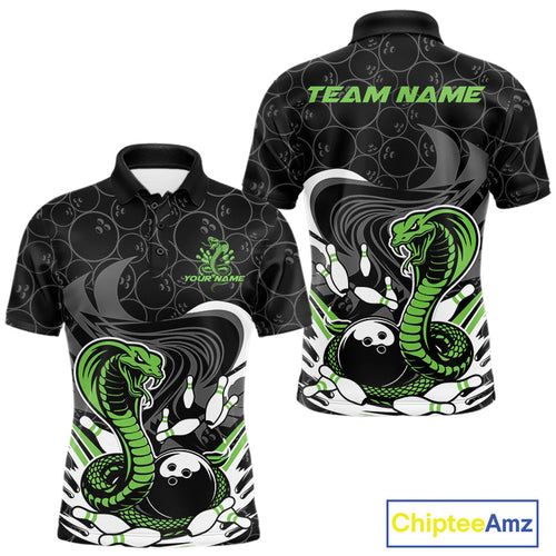 Custom Black And Green Cobra Snake Bowling Polo Shirts For Men, Cobra Bowling Team Shirt IPHW9701