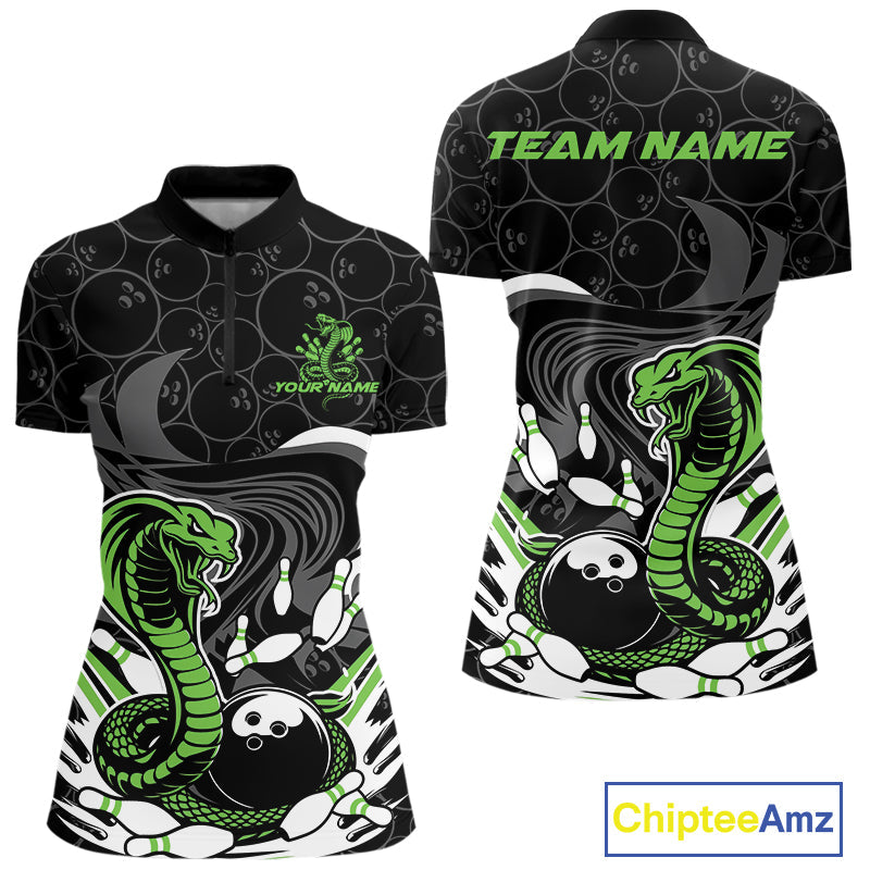 Custom Black And Green Cobra Snake Bowling Women Quarter-Zip Shirts, Bowling Team Shirt IPHW9701