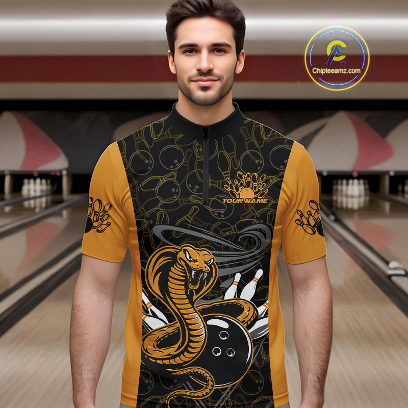 Custom Yellow Cobra Snake Bowling Team Men Quarter-Zip Shirts, Bowling Pattern Shirt IPHW9703