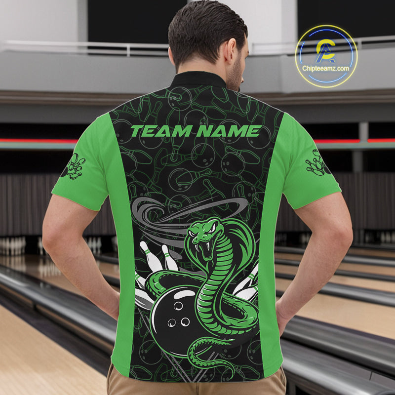 Custom Green Cobra Snake Bowling Team Men Quarter-Zip Shirts, Bowling Pattern Shirt IPHW9704
