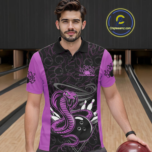Custom Purple Cobra Snake Bowling Team Men Polo Shirts, Bowling Pattern Shirt IPHW9705