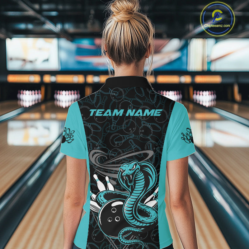 Custom Blue Cobra Snake Bowling Team Women Quarter-Zip Shirts, Bowling Pattern Shirt IPHW9706