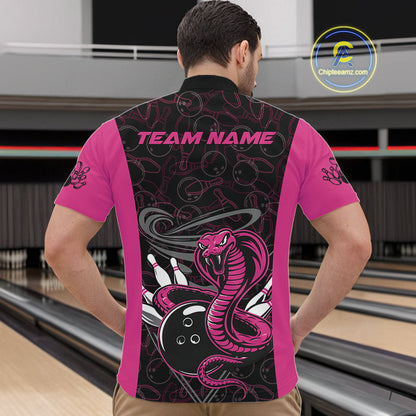 Custom Pink Cobra Snake Bowling Team Men Quarter-Zip Shirts, Bowling Pattern Shirt IPHW9707
