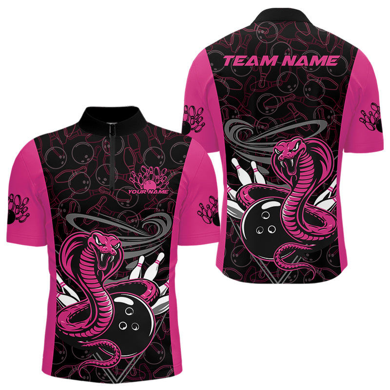 Custom Pink Cobra Snake Bowling Team Men Quarter-Zip Shirts, Bowling Pattern Shirt IPHW9707