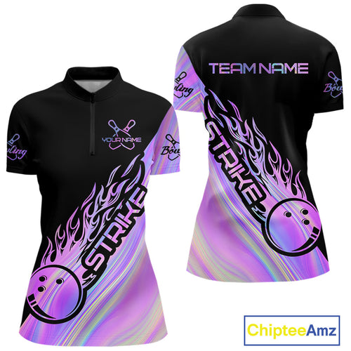Custom Hologram Flame Strike Bowling Women Quarter-Zip Shirt, Bowling Team Bowler Outfit IPHW9858