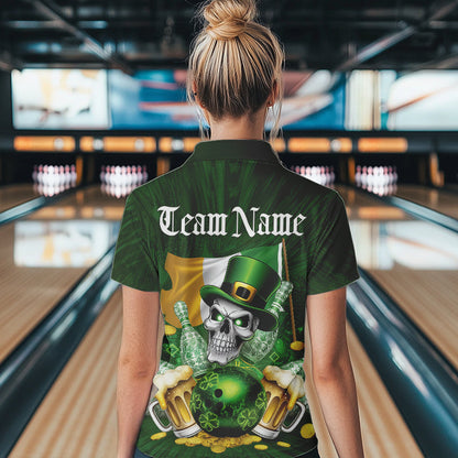 Custom Irish Flag St Patricks Day Bowling Polo Shirts For Women, Skull Leprechaun Bowling IPHW8594