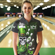 Load image into Gallery viewer, Custom Black And Green Lucky Clover St Patricks Day Skull Bowling Team Polo Shirt For Women IPHW8597