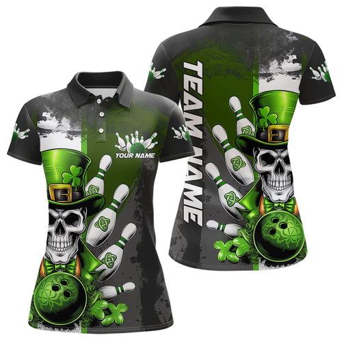 Custom Black And Green Lucky Clover St Patricks Day Skull Bowling Team Polo Shirt For Women IPHW8597