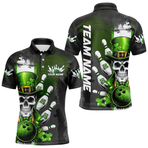 Custom Black And Green Lucky Clover St Patricks Day Skull Bowling Team Polo Shirts For Men IPHW8597