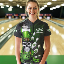 Load image into Gallery viewer, Custom Black And Green Lucky Clover St Patricks Skull Bowling Team Womens Quarter-Zip Shirt IPHW8597