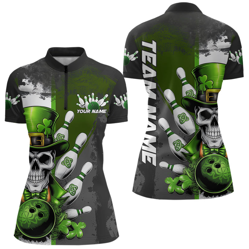 Custom Black And Green Lucky Clover St Patricks Skull Bowling Team Womens Quarter-Zip Shirt IPHW8597