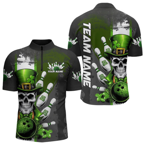 Custom Black And Green Lucky Clover St Patricks Day Skull Bowling Team Quarter-Zip Shirts For Men IPHW8597