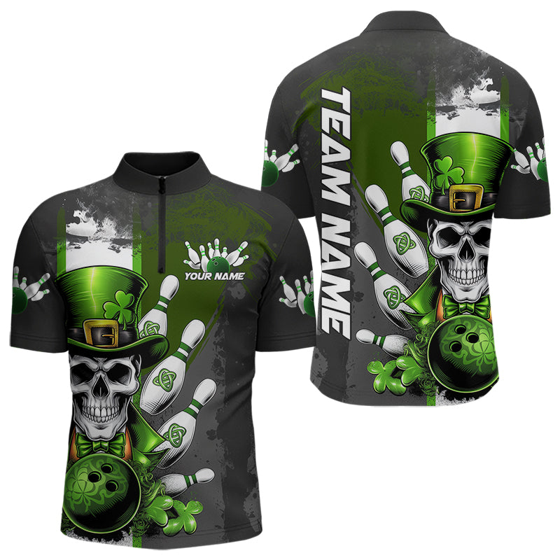 Custom Black And Green Lucky Clover St Patricks Day Skull Bowling Team Quarter-Zip Shirts For Men IPHW8597