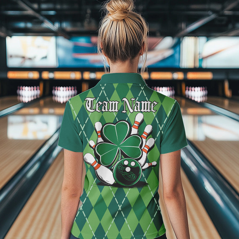 Custom Green Shamprock Saint Patricks Bowling Polo Shirts For Women, Lucky Bowling Shirt IPHW8598
