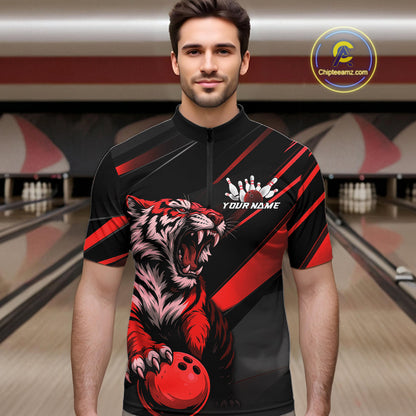 Custom Black And Red Tiger Bowling Team Men Shirt, Bowling League Shirt Bowler Uniform IPHW10775